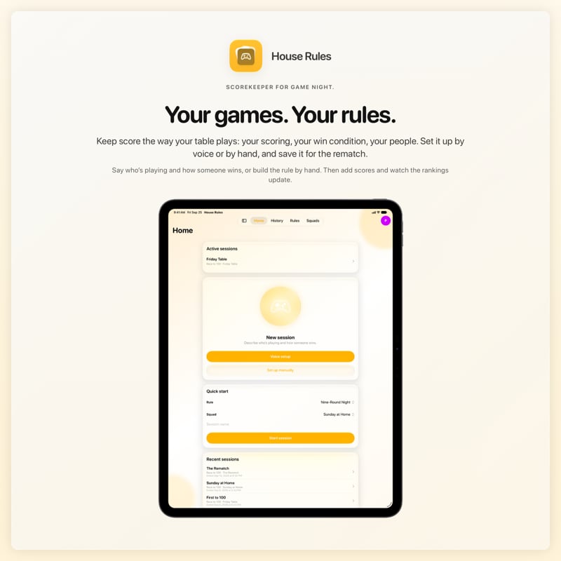 The House Rules share image, showing the app on iPad Pro 13-inch with its icon, name and headline for the Friday Table session, in the Yellow tint, light appearance.