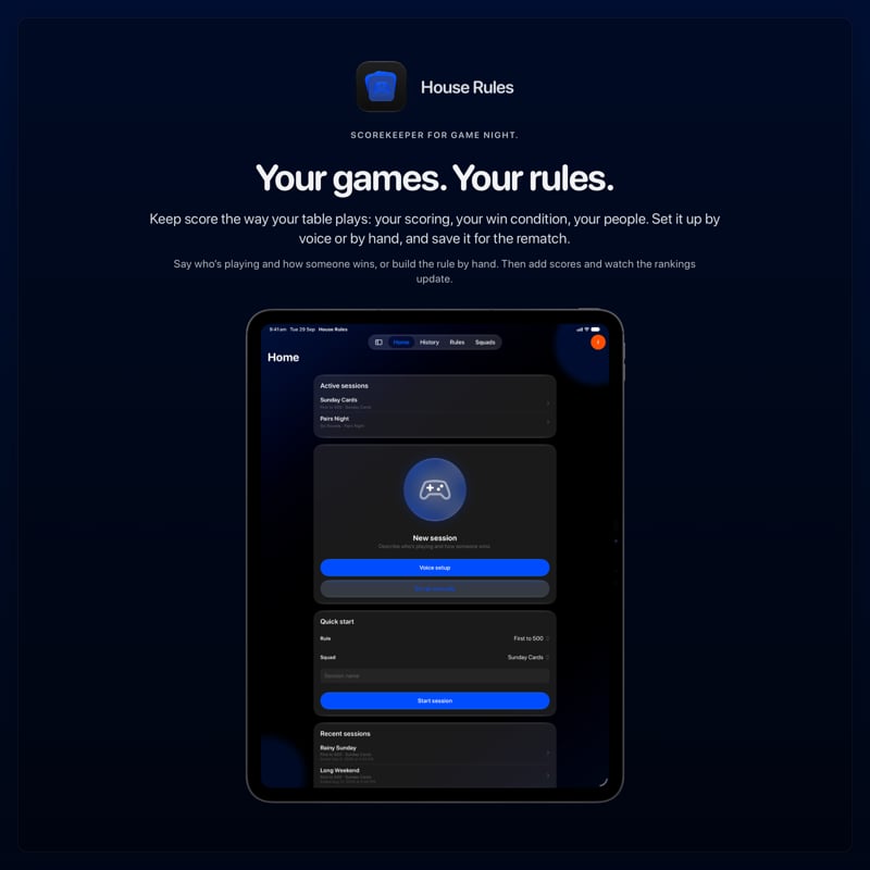 The House Rules share image, showing the app on iPad Pro 13-inch with its icon, name and headline for the Sunday Cards session, in the Blue tint, dark appearance.