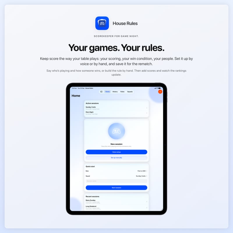 The House Rules share image, showing the app on iPad Pro 13-inch with its icon, name and headline for the Sunday Cards session, in the Blue tint, light appearance.