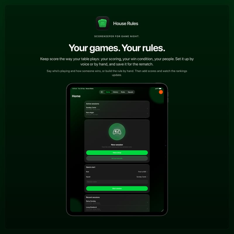 The House Rules share image, showing the app on iPad Pro 13-inch with its icon, name and headline for the Sunday Cards session, in the Green tint, dark appearance.