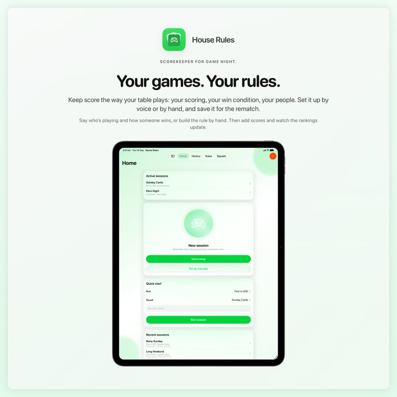 The House Rules share image, showing the app on iPad Pro 13-inch with its icon, name and headline for the Sunday Cards session, in the Green tint, light appearance.