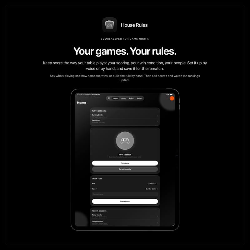 The House Rules share image, showing the app on iPad Pro 13-inch with its icon, name and headline for the Sunday Cards session, in the Grey tint, dark appearance.