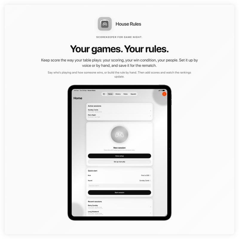 The House Rules share image, showing the app on iPad Pro 13-inch with its icon, name and headline for the Sunday Cards session, in the Grey tint, light appearance.