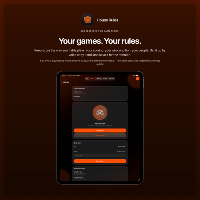 The House Rules share image, showing the app on iPad Pro 13-inch with its icon, name and headline for the Sunday Cards session, in the Orange tint, dark appearance.