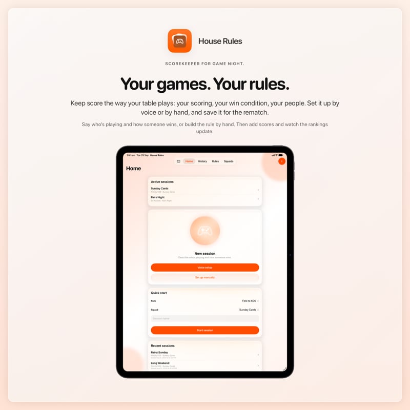 The House Rules share image, showing the app on iPad Pro 13-inch with its icon, name and headline for the Sunday Cards session, in the Orange tint, light appearance.