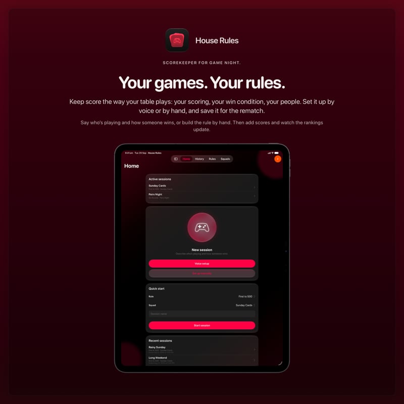 The House Rules share image, showing the app on iPad Pro 13-inch with its icon, name and headline for the Sunday Cards session, in the Pink tint, dark appearance.