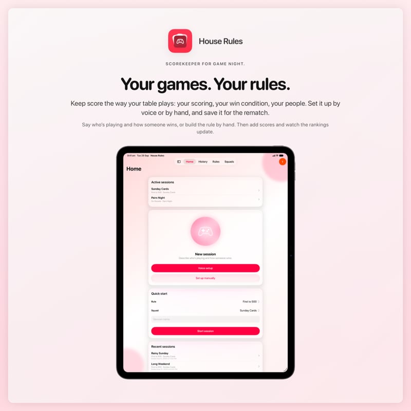 The House Rules share image, showing the app on iPad Pro 13-inch with its icon, name and headline for the Sunday Cards session, in the Pink tint, light appearance.