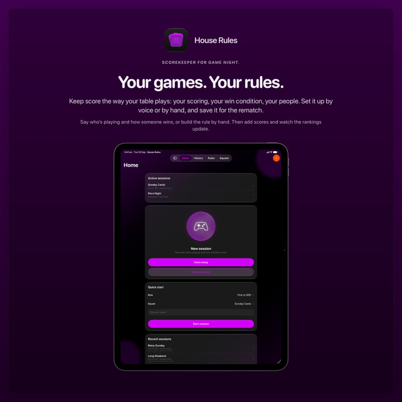 The House Rules share image, showing the app on iPad Pro 13-inch with its icon, name and headline for the Sunday Cards session, in the Purple tint, dark appearance.