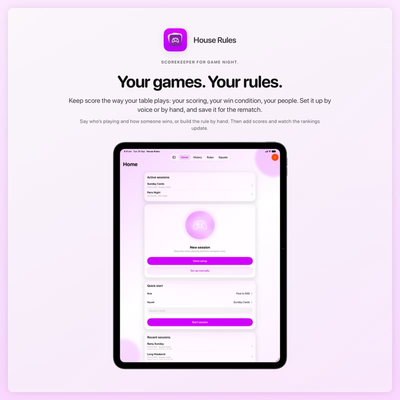 The House Rules share image, showing the app on iPad Pro 13-inch with its icon, name and headline for the Sunday Cards session, in the Purple tint, light appearance.