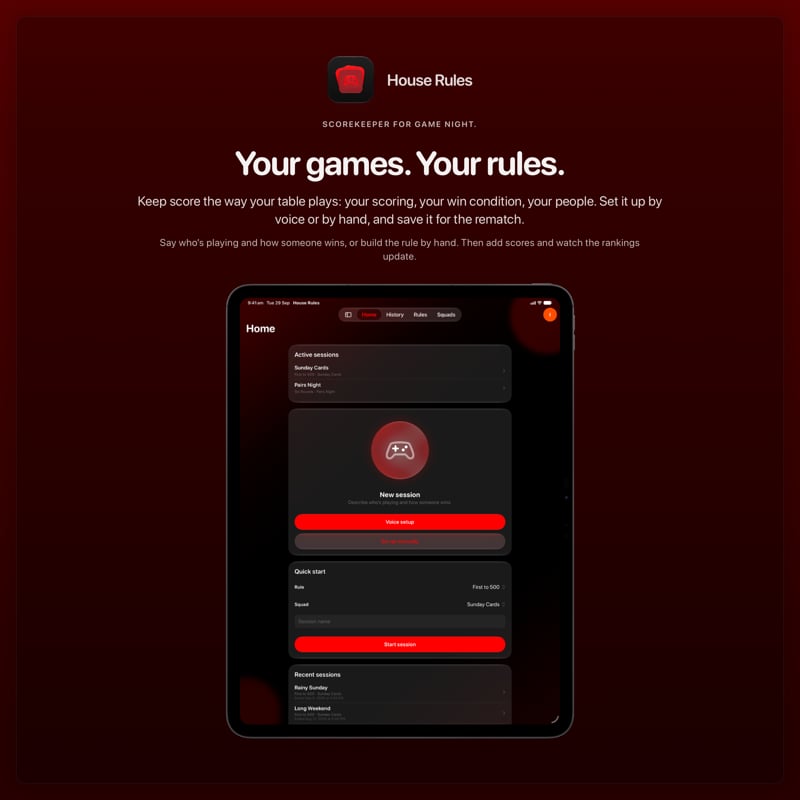 The House Rules share image, showing the app on iPad Pro 13-inch with its icon, name and headline for the Sunday Cards session, in the Red tint, dark appearance.