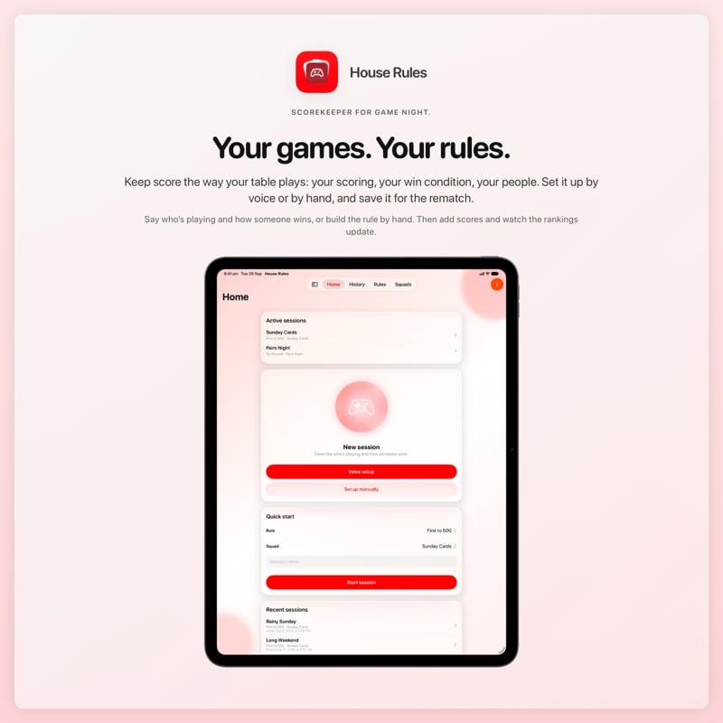 The House Rules share image, showing the app on iPad Pro 13-inch with its icon, name and headline for the Sunday Cards session, in the Red tint, light appearance.