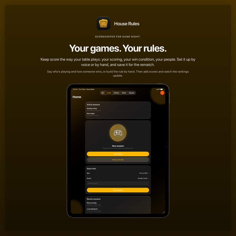 The House Rules share image, showing the app on iPad Pro 13-inch with its icon, name and headline for the Sunday Cards session, in the Yellow tint, dark appearance.