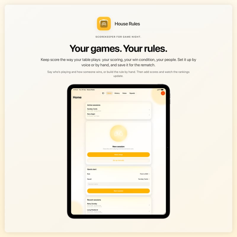 The House Rules share image, showing the app on iPad Pro 13-inch with its icon, name and headline for the Sunday Cards session, in the Yellow tint, light appearance.