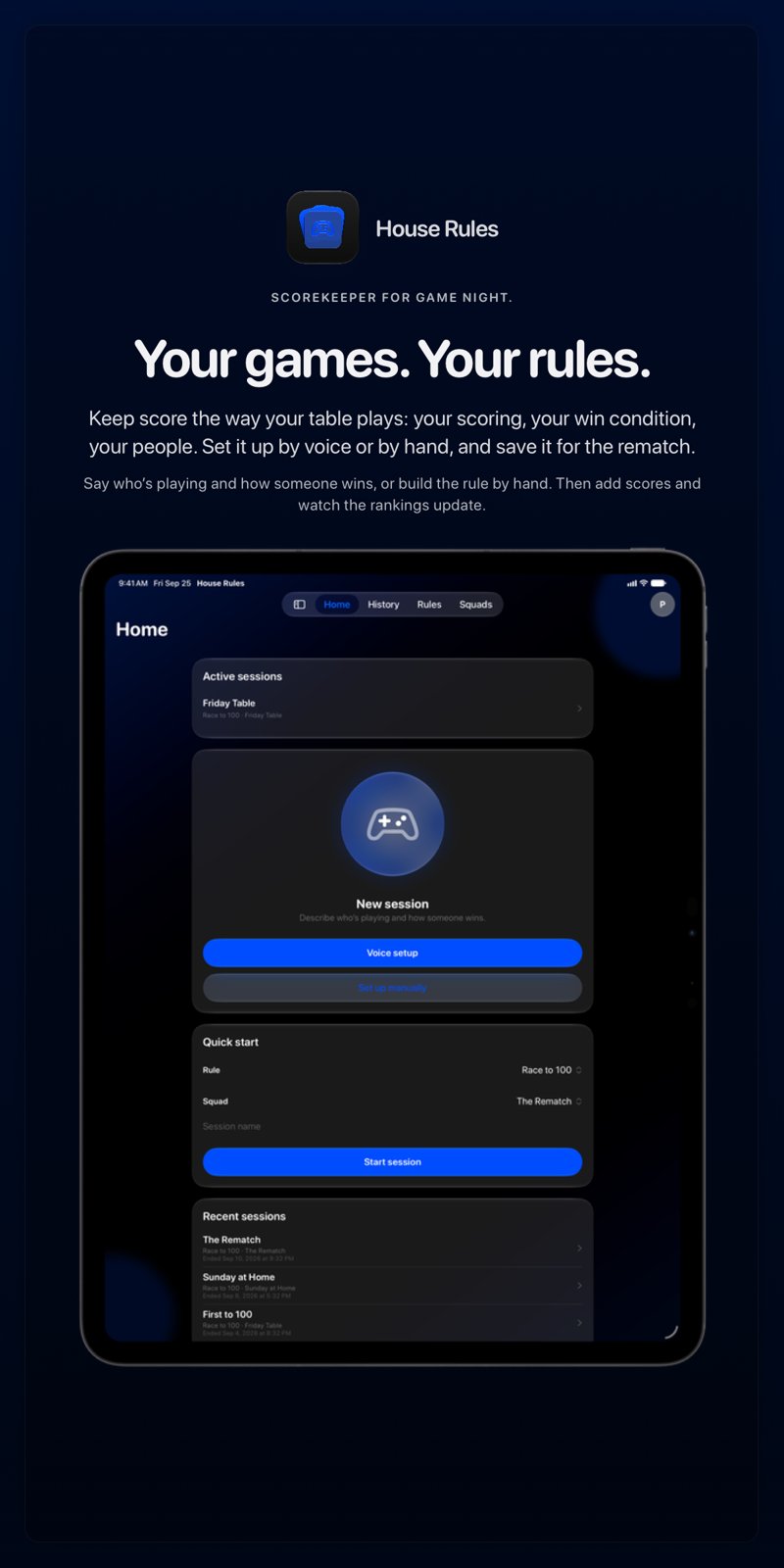 The House Rules share image, showing the app on iPad Pro 13-inch with its icon, name and headline for the Friday Table session, in the Blue tint, dark appearance.