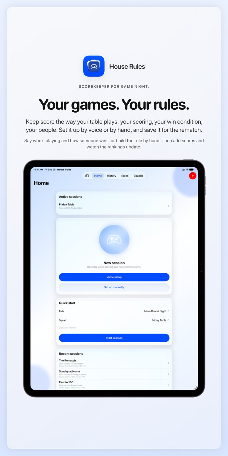 The House Rules share image, showing the app on iPad Pro 13-inch with its icon, name and headline for the Friday Table session, in the Blue tint, light appearance.