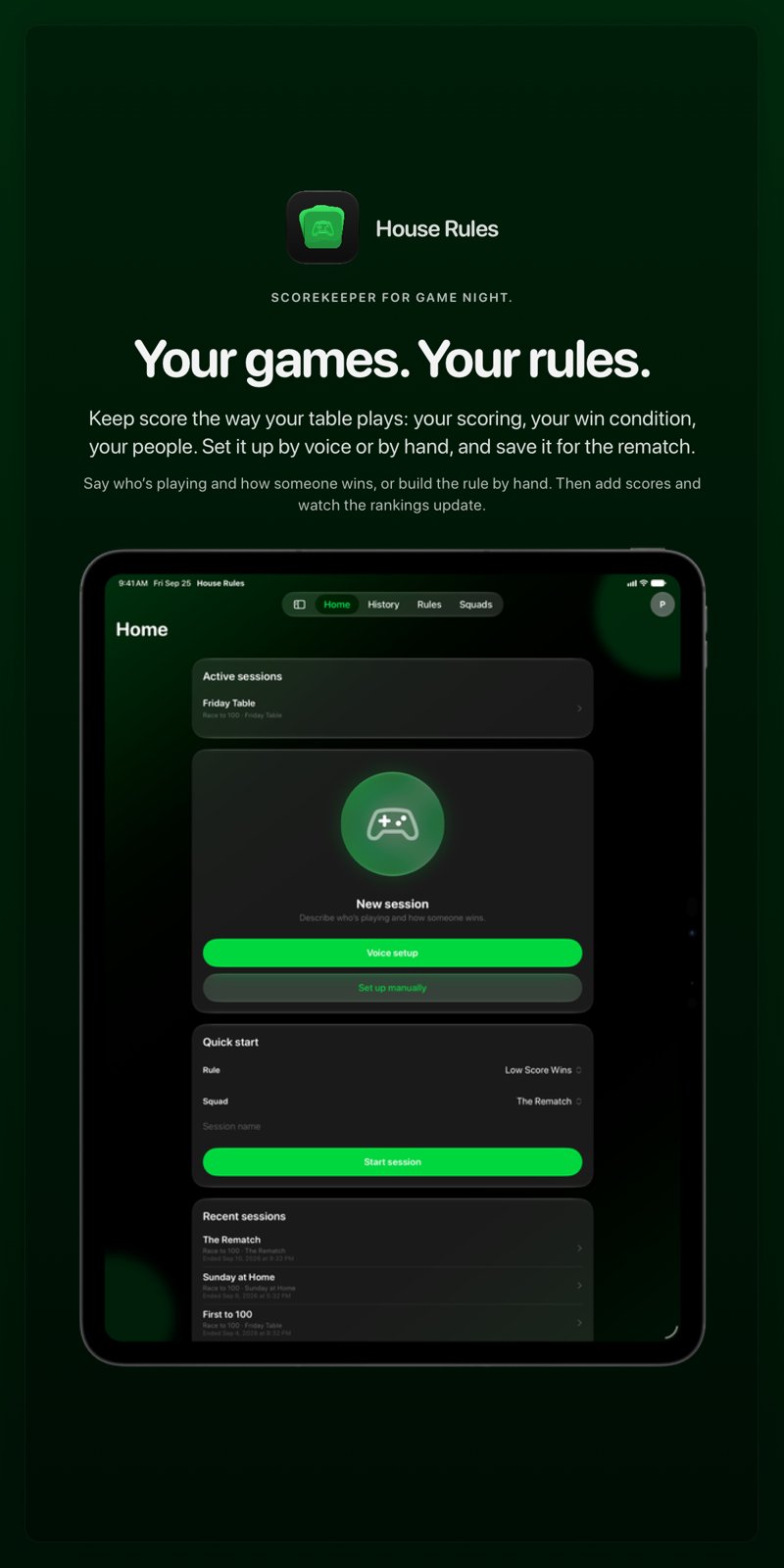 The House Rules share image, showing the app on iPad Pro 13-inch with its icon, name and headline for the Friday Table session, in the Green tint, dark appearance.