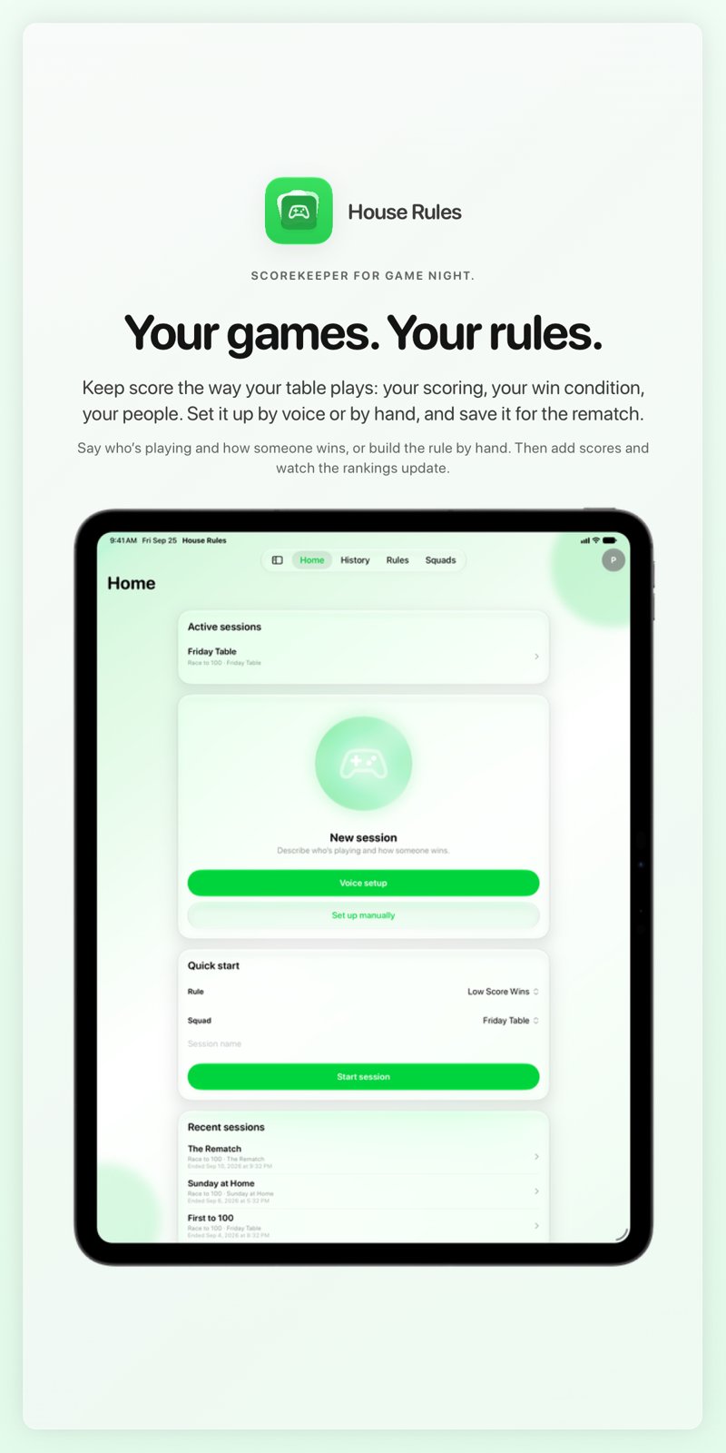 The House Rules share image, showing the app on iPad Pro 13-inch with its icon, name and headline for the Friday Table session, in the Green tint, light appearance.