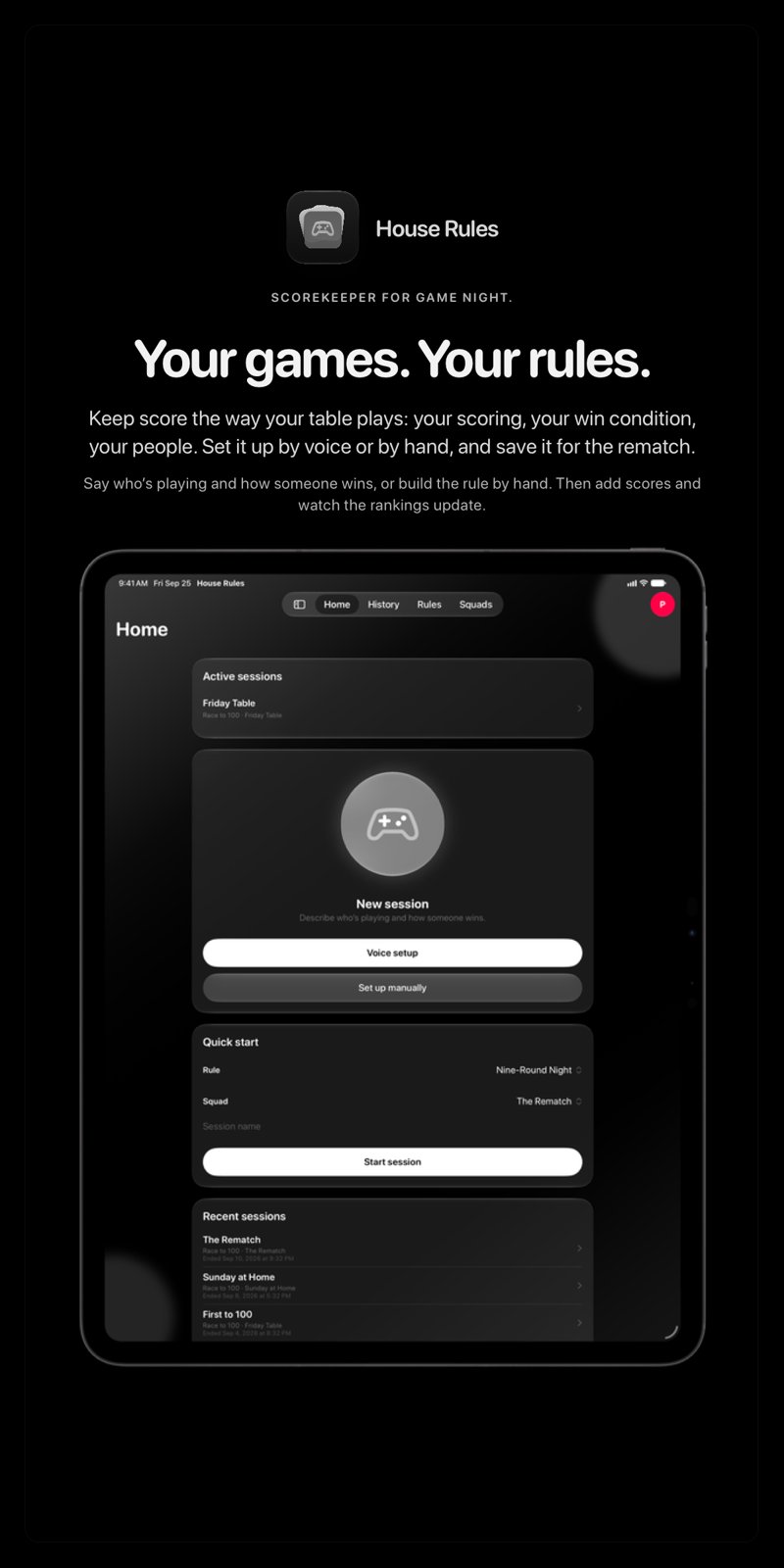 The House Rules share image, showing the app on iPad Pro 13-inch with its icon, name and headline for the Friday Table session, in the Grey tint, dark appearance.