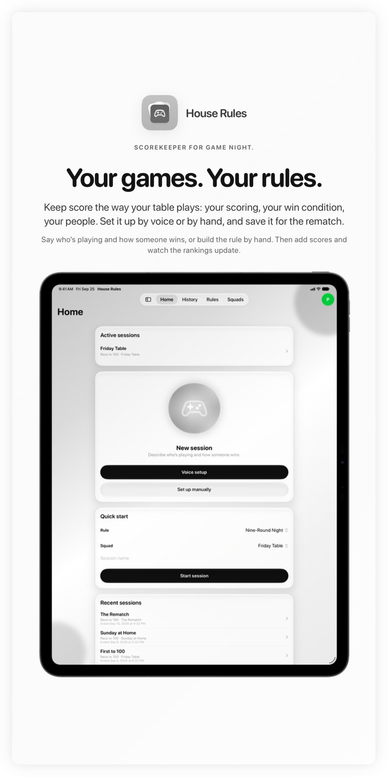 The House Rules share image, showing the app on iPad Pro 13-inch with its icon, name and headline for the Friday Table session, in the Grey tint, light appearance.