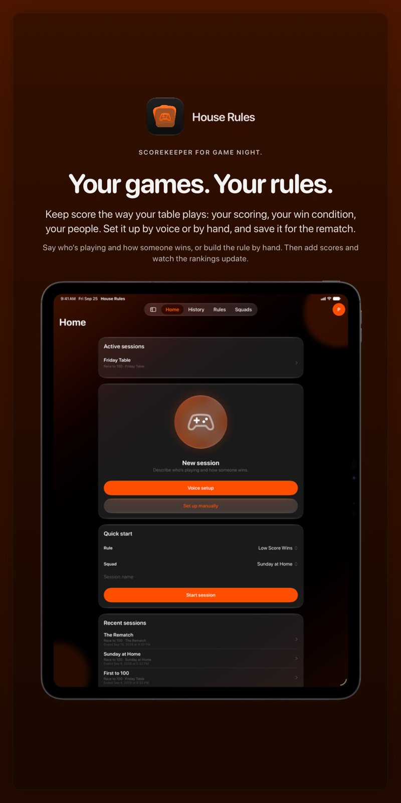 The House Rules share image, showing the app on iPad Pro 13-inch with its icon, name and headline for the Friday Table session, in the Orange tint, dark appearance.