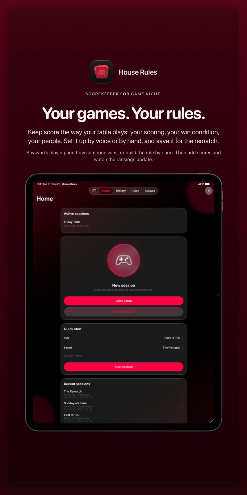The House Rules share image, showing the app on iPad Pro 13-inch with its icon, name and headline for the Friday Table session, in the Pink tint, dark appearance.