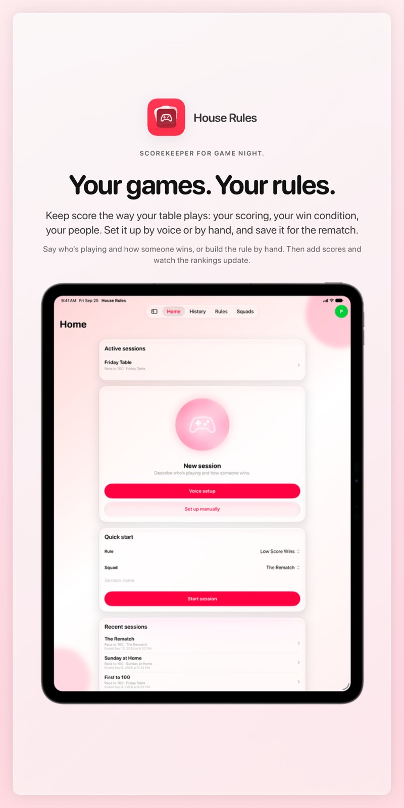The House Rules share image, showing the app on iPad Pro 13-inch with its icon, name and headline for the Friday Table session, in the Pink tint, light appearance.