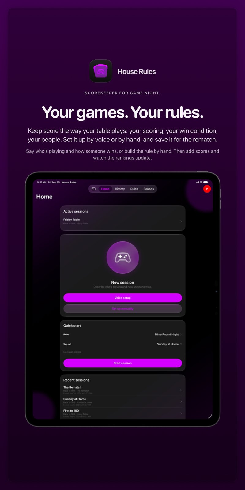 The House Rules share image, showing the app on iPad Pro 13-inch with its icon, name and headline for the Friday Table session, in the Purple tint, dark appearance.