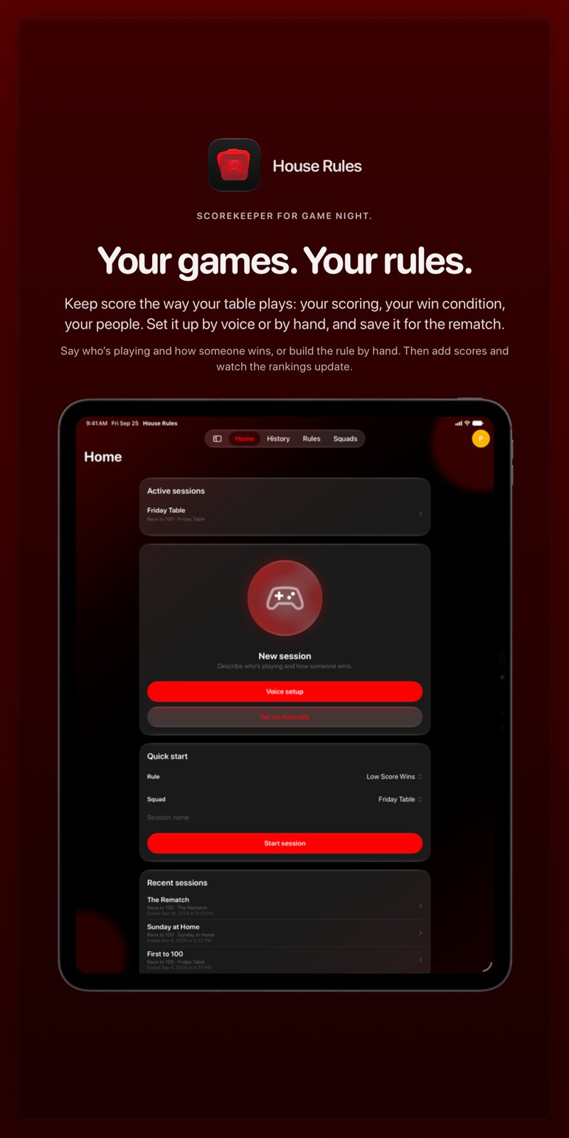 The House Rules share image, showing the app on iPad Pro 13-inch with its icon, name and headline for the Friday Table session, in the Red tint, dark appearance.