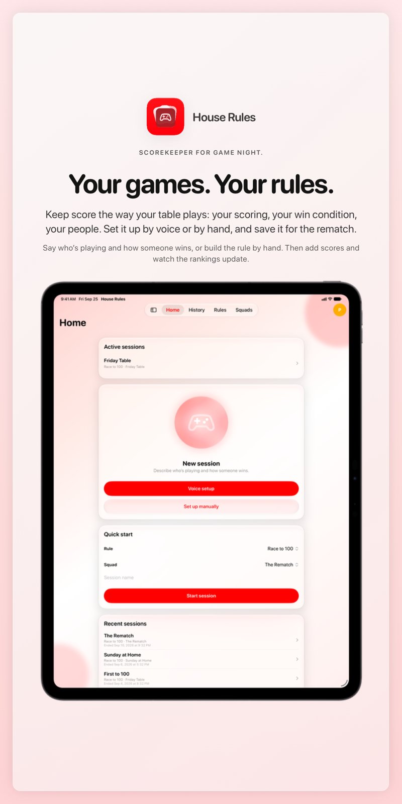 The House Rules share image, showing the app on iPad Pro 13-inch with its icon, name and headline for the Friday Table session, in the Red tint, light appearance.