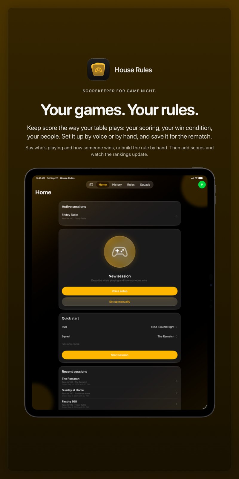 The House Rules share image, showing the app on iPad Pro 13-inch with its icon, name and headline for the Friday Table session, in the Yellow tint, dark appearance.
