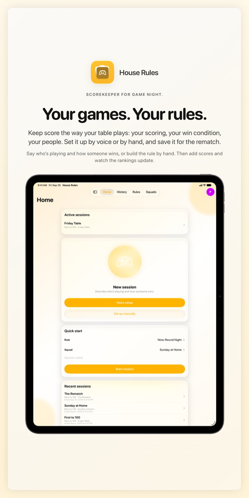 The House Rules share image, showing the app on iPad Pro 13-inch with its icon, name and headline for the Friday Table session, in the Yellow tint, light appearance.