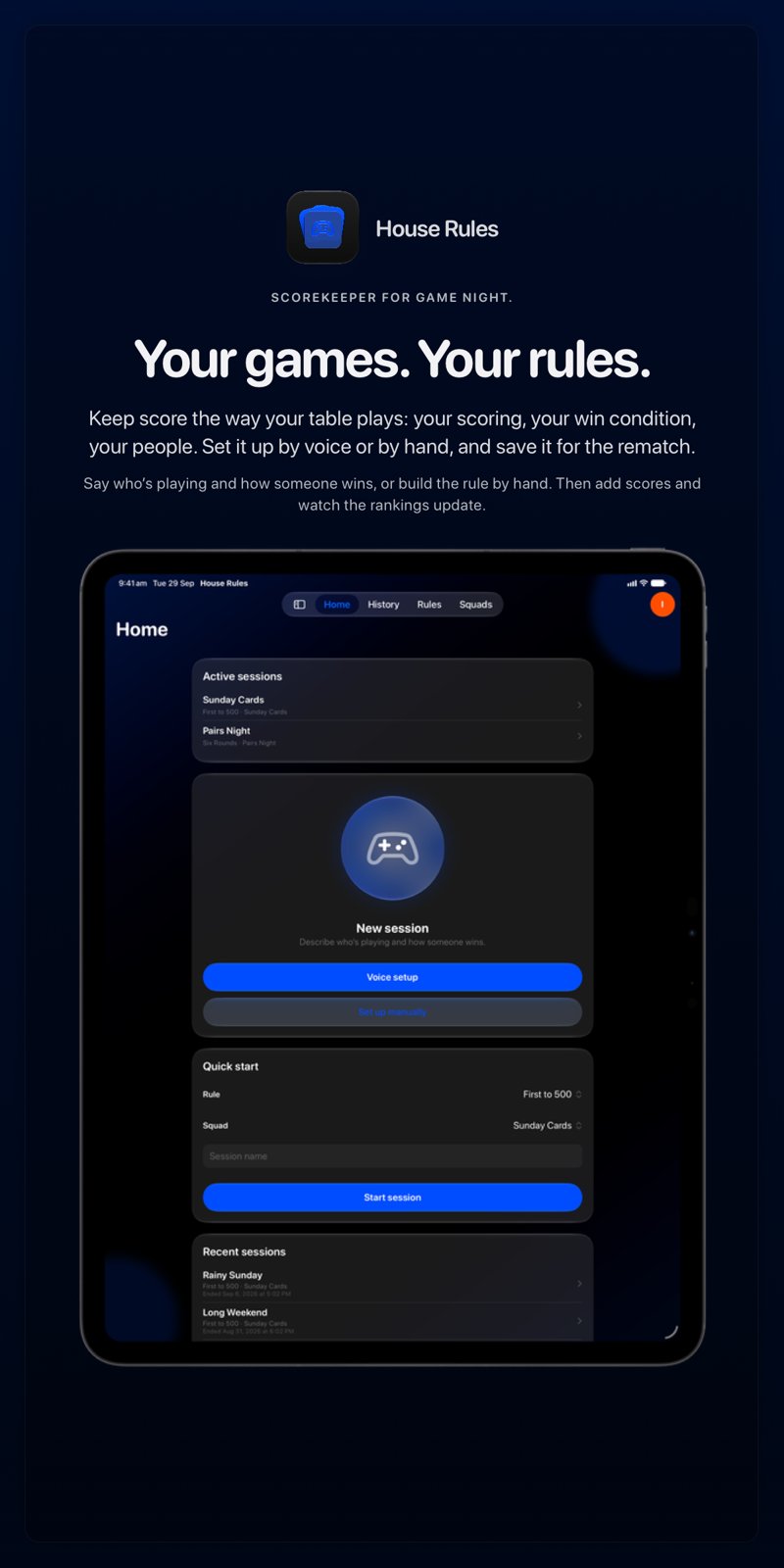 The House Rules share image, showing the app on iPad Pro 13-inch with its icon, name and headline for the Sunday Cards session, in the Blue tint, dark appearance.