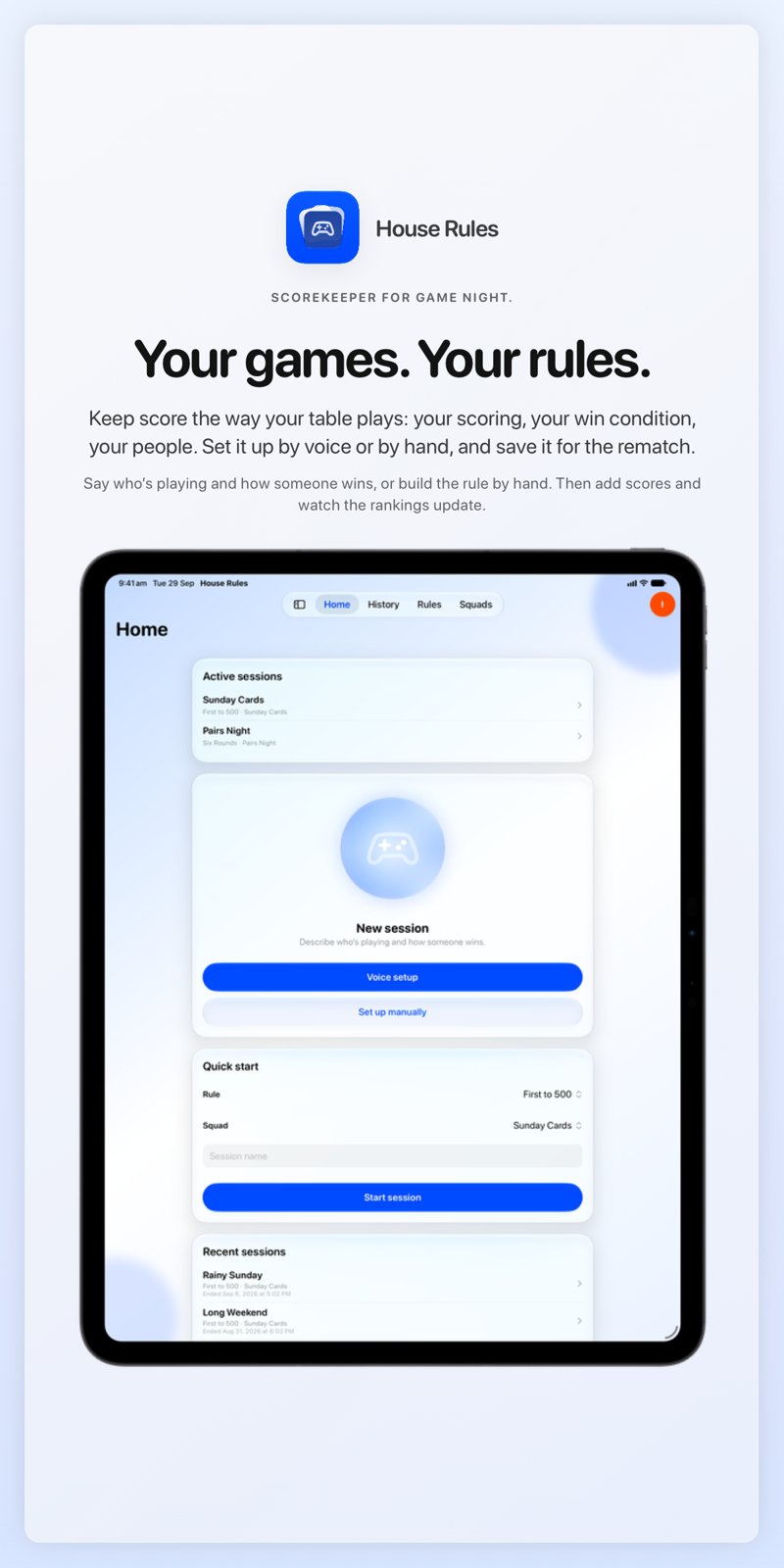 The House Rules share image, showing the app on iPad Pro 13-inch with its icon, name and headline for the Sunday Cards session, in the Blue tint, light appearance.