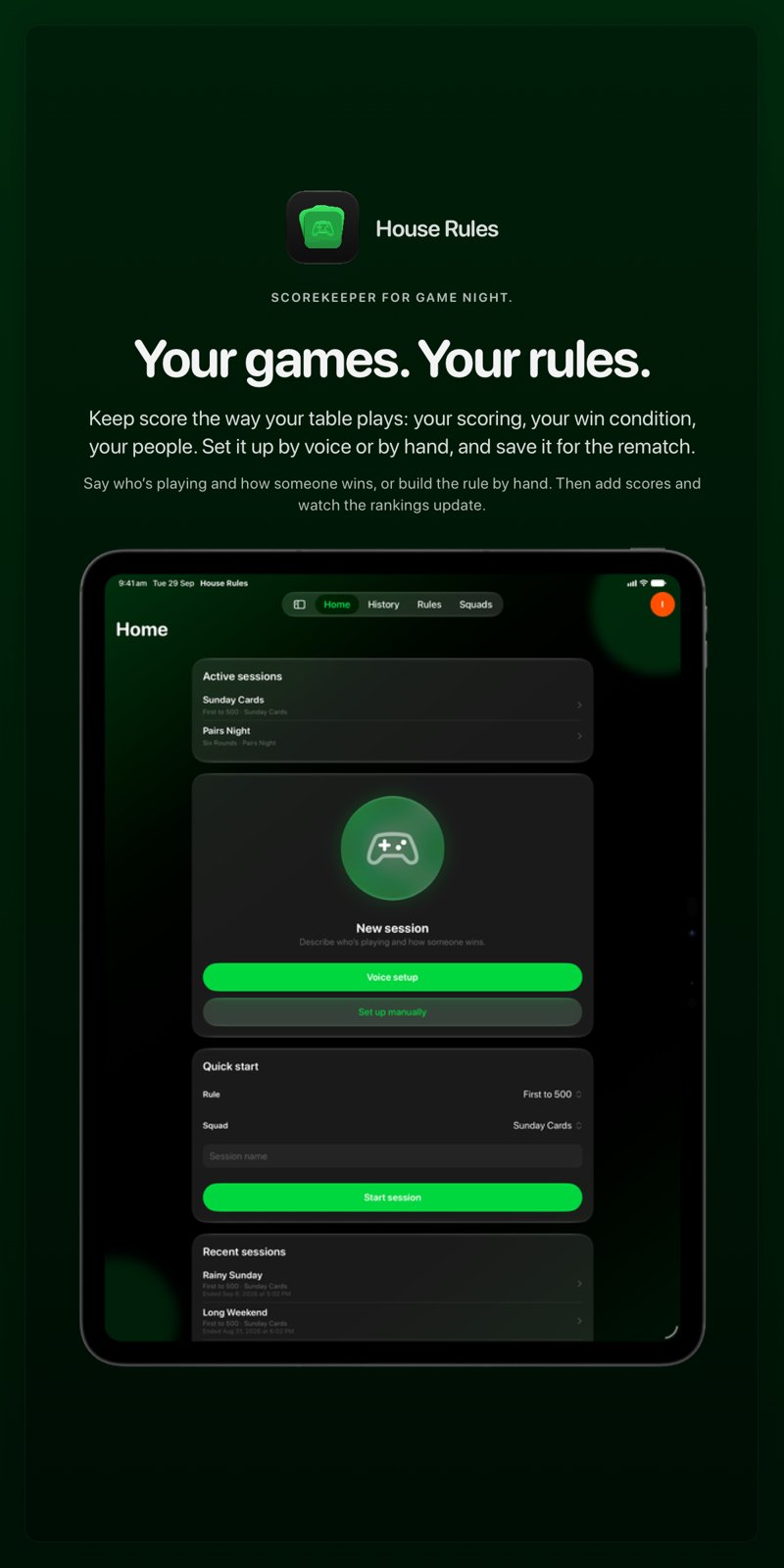 The House Rules share image, showing the app on iPad Pro 13-inch with its icon, name and headline for the Sunday Cards session, in the Green tint, dark appearance.