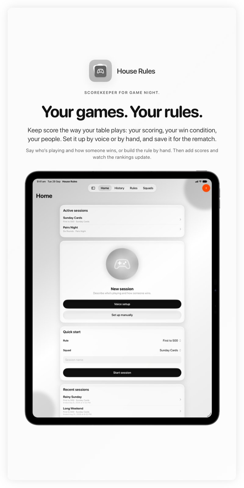 The House Rules share image, showing the app on iPad Pro 13-inch with its icon, name and headline for the Sunday Cards session, in the Grey tint, light appearance.