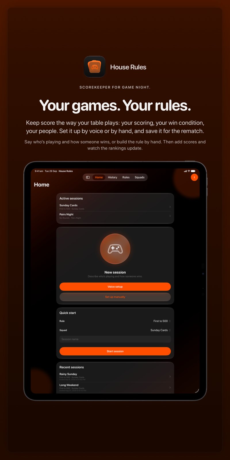 The House Rules share image, showing the app on iPad Pro 13-inch with its icon, name and headline for the Sunday Cards session, in the Orange tint, dark appearance.