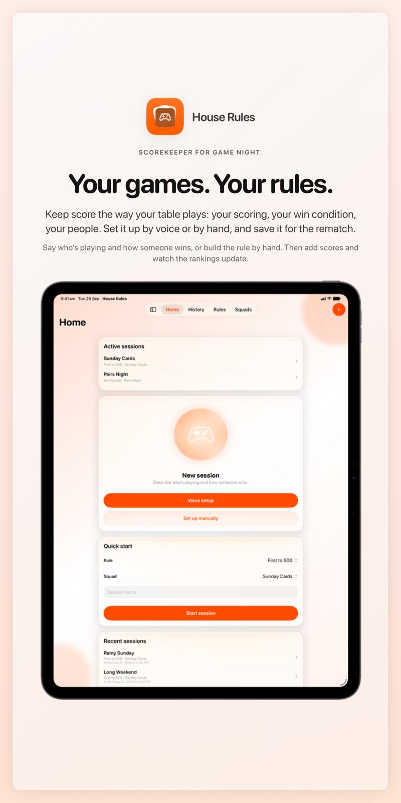 The House Rules share image, showing the app on iPad Pro 13-inch with its icon, name and headline for the Sunday Cards session, in the Orange tint, light appearance.