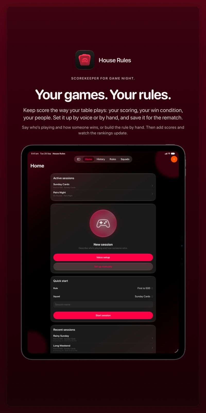 The House Rules share image, showing the app on iPad Pro 13-inch with its icon, name and headline for the Sunday Cards session, in the Pink tint, dark appearance.
