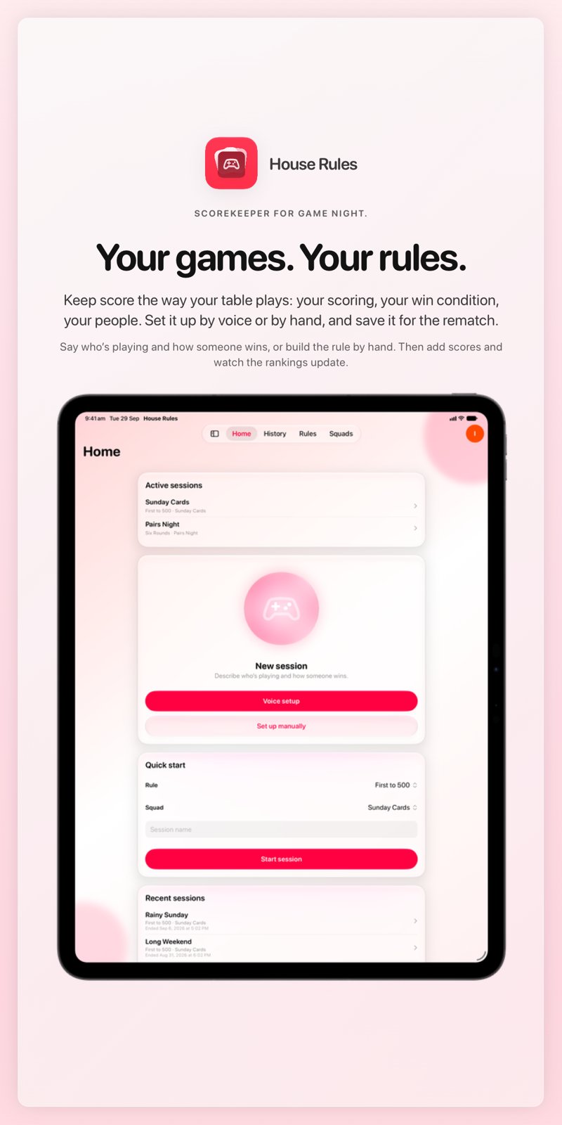 The House Rules share image, showing the app on iPad Pro 13-inch with its icon, name and headline for the Sunday Cards session, in the Pink tint, light appearance.