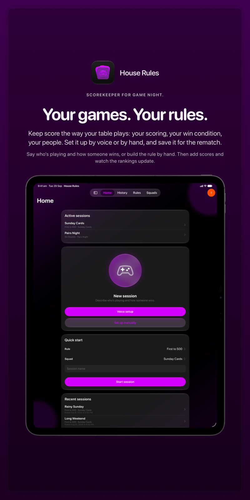 The House Rules share image, showing the app on iPad Pro 13-inch with its icon, name and headline for the Sunday Cards session, in the Purple tint, dark appearance.