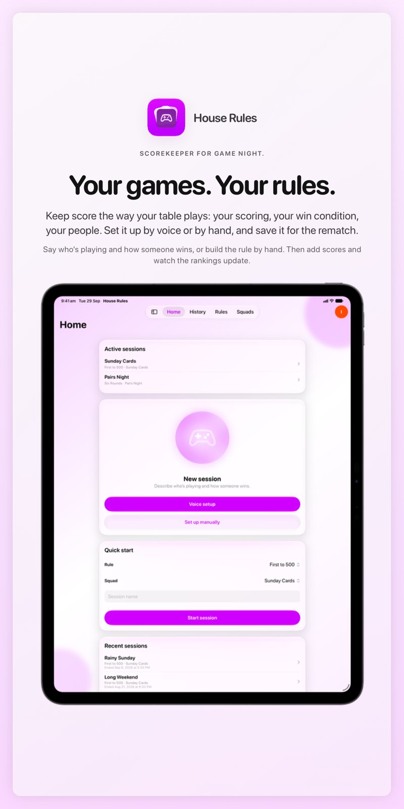 The House Rules share image, showing the app on iPad Pro 13-inch with its icon, name and headline for the Sunday Cards session, in the Purple tint, light appearance.