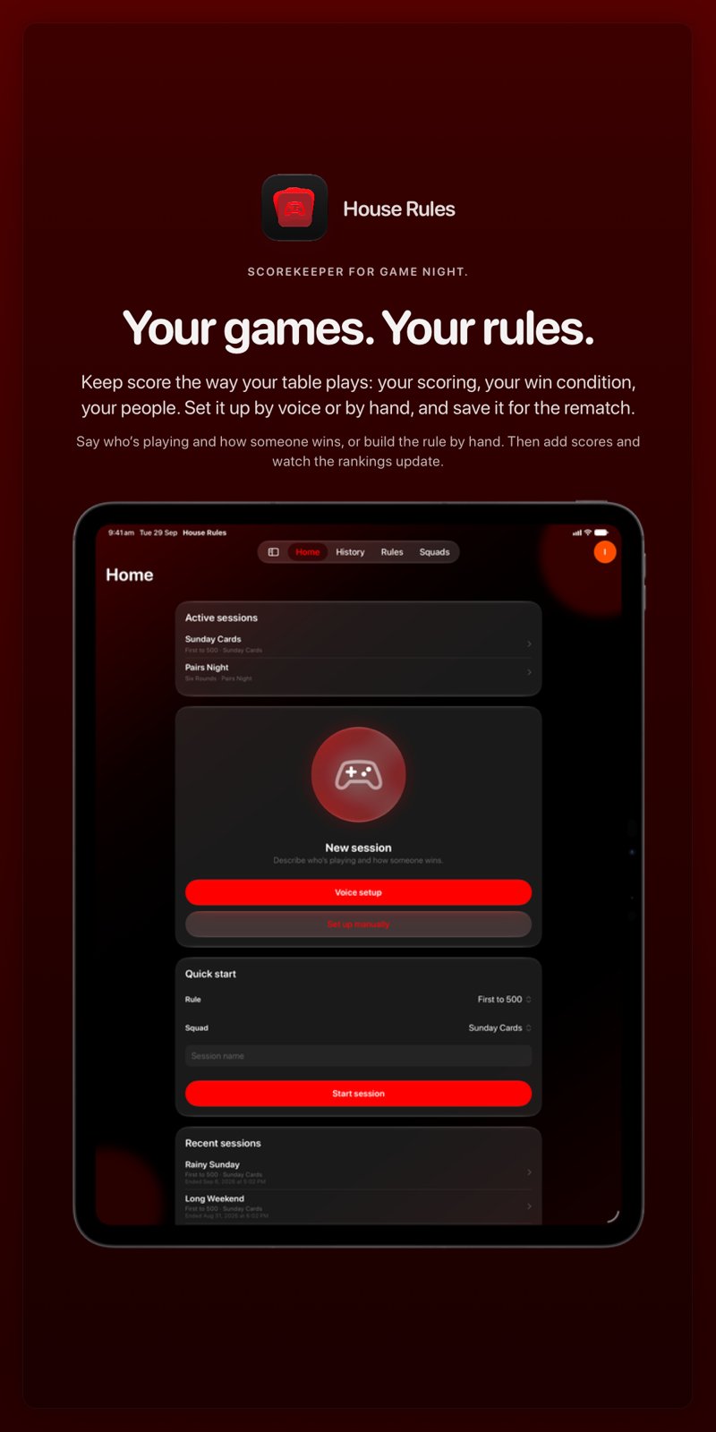 The House Rules share image, showing the app on iPad Pro 13-inch with its icon, name and headline for the Sunday Cards session, in the Red tint, dark appearance.