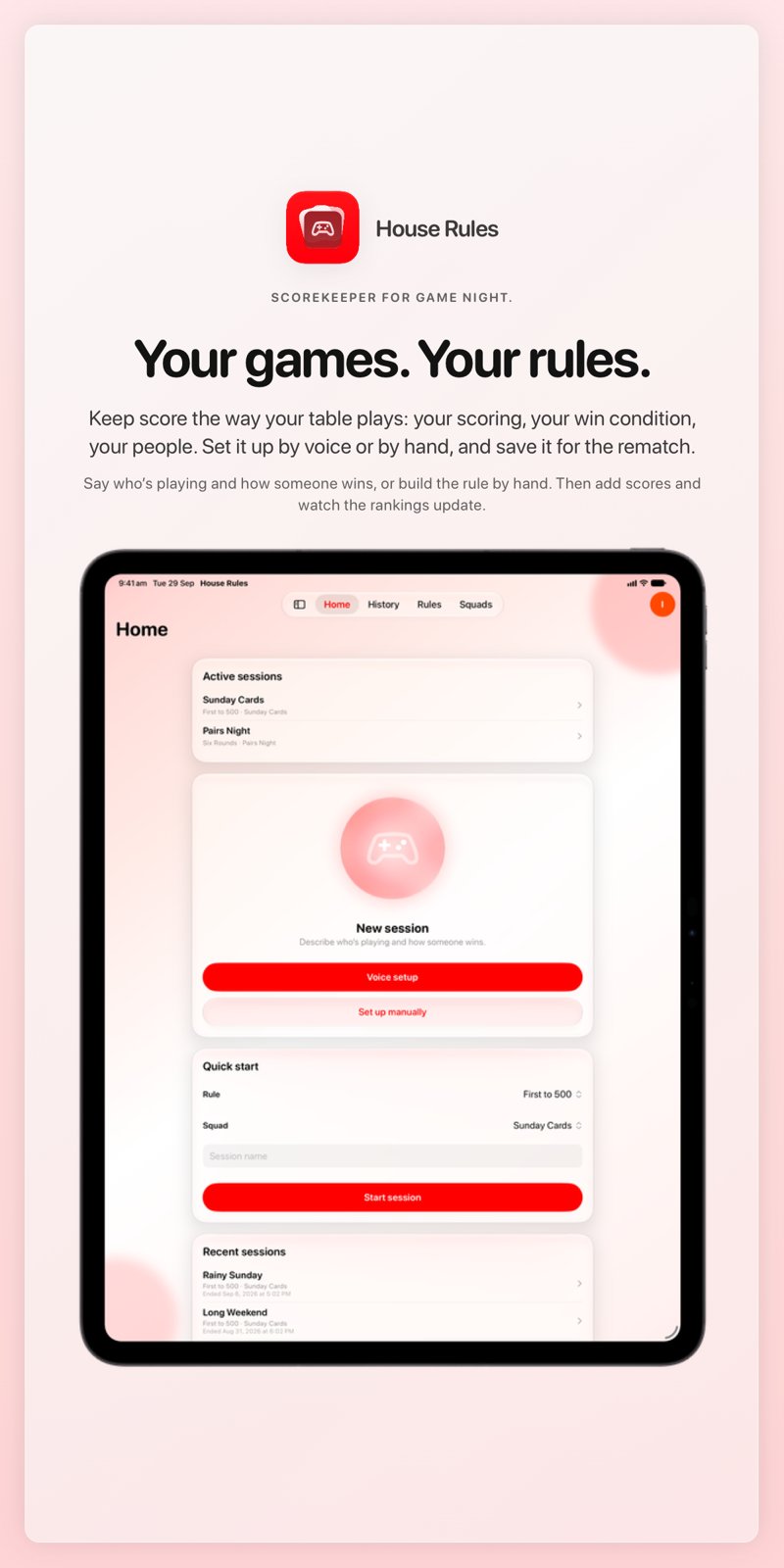 The House Rules share image, showing the app on iPad Pro 13-inch with its icon, name and headline for the Sunday Cards session, in the Red tint, light appearance.