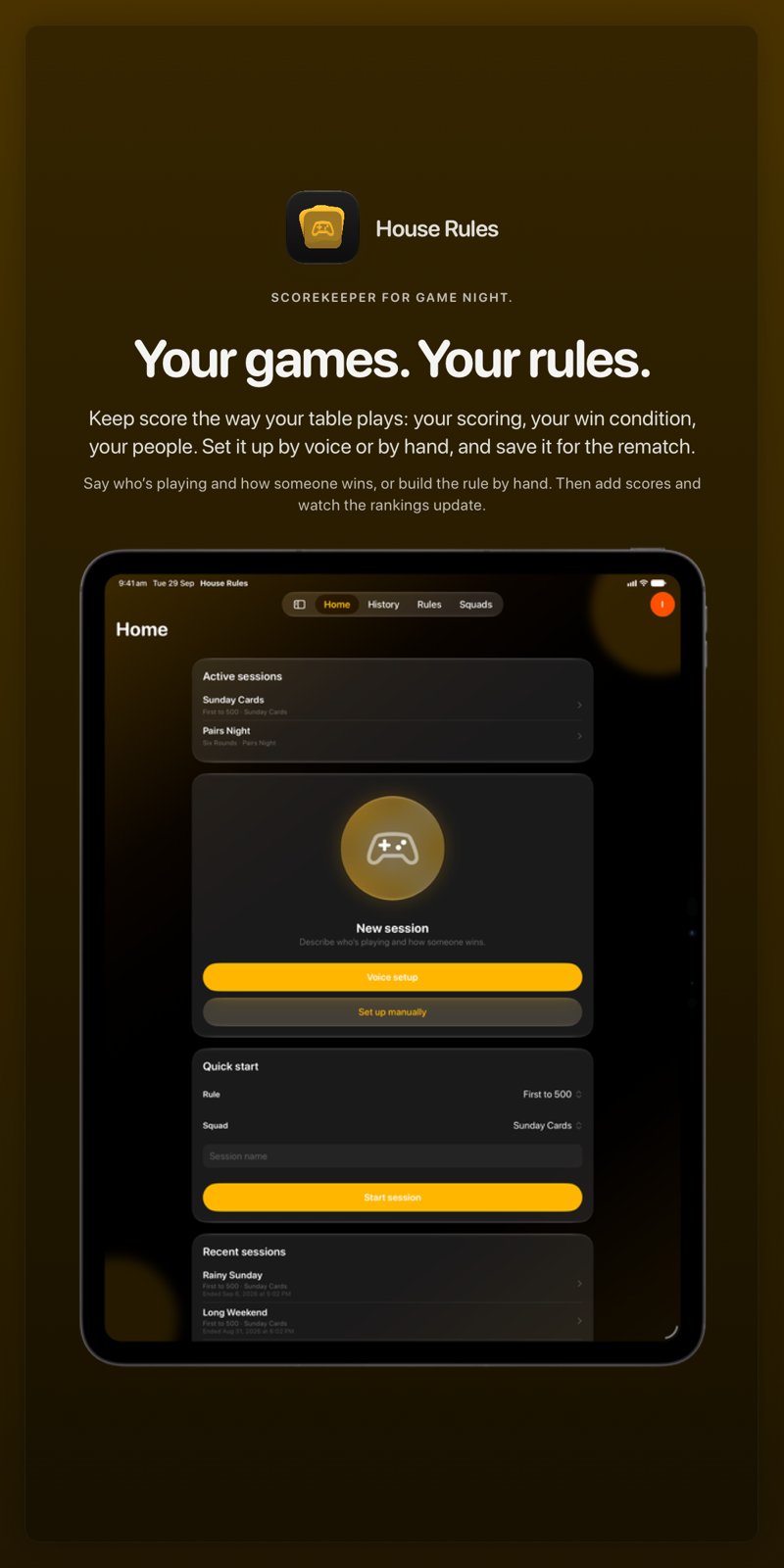 The House Rules share image, showing the app on iPad Pro 13-inch with its icon, name and headline for the Sunday Cards session, in the Yellow tint, dark appearance.