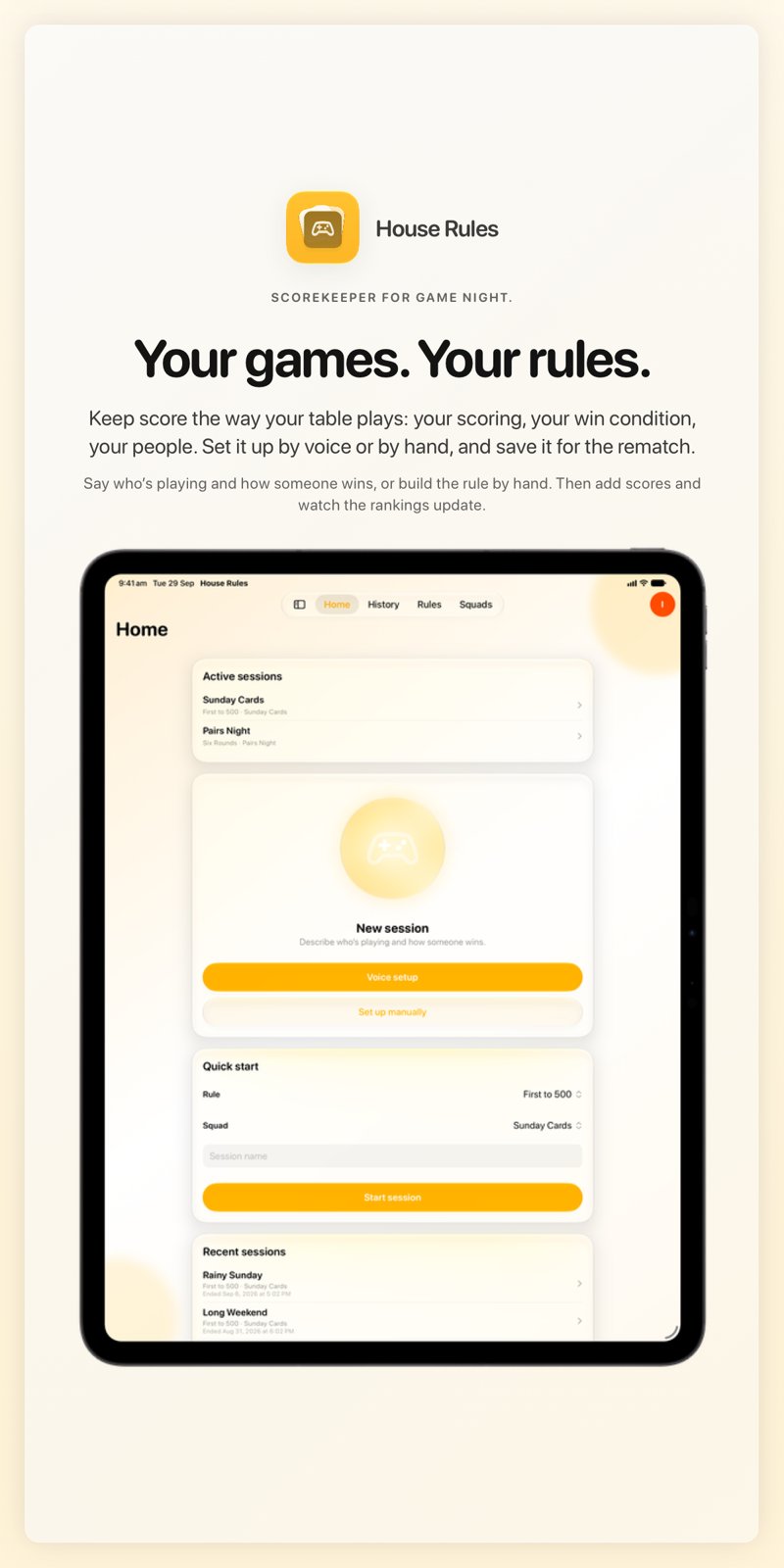 The House Rules share image, showing the app on iPad Pro 13-inch with its icon, name and headline for the Sunday Cards session, in the Yellow tint, light appearance.