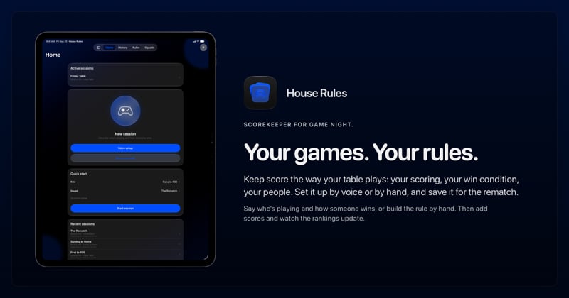 The House Rules share image, showing the app on iPad Pro 13-inch with its icon, name and headline for the Friday Table session, in the Blue tint, dark appearance.