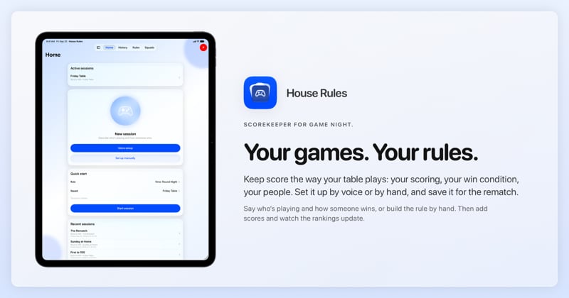 The House Rules share image, showing the app on iPad Pro 13-inch with its icon, name and headline for the Friday Table session, in the Blue tint, light appearance.