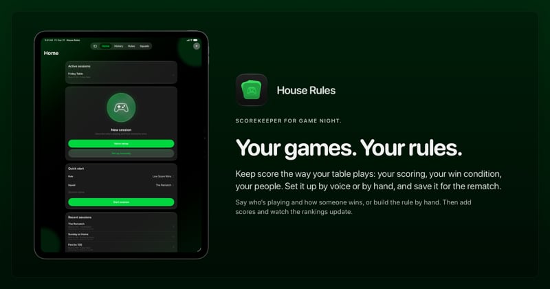 The House Rules share image, showing the app on iPad Pro 13-inch with its icon, name and headline for the Friday Table session, in the Green tint, dark appearance.