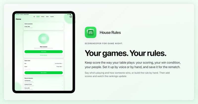The House Rules share image, showing the app on iPad Pro 13-inch with its icon, name and headline for the Friday Table session, in the Green tint, light appearance.