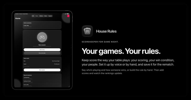 The House Rules share image, showing the app on iPad Pro 13-inch with its icon, name and headline for the Friday Table session, in the Grey tint, dark appearance.